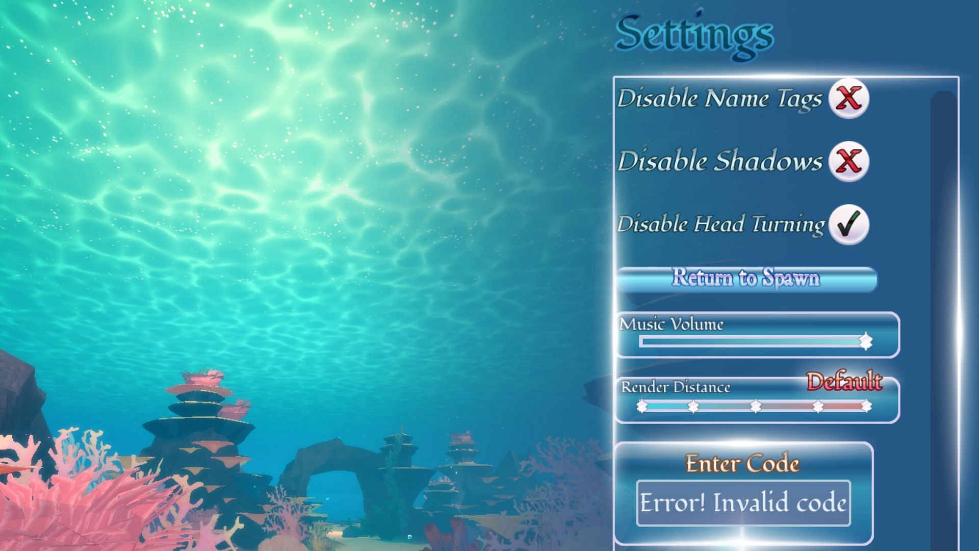 The "Error! Invalid code" error in Mermaid Isle (Image via Roblox)